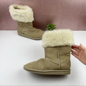American Eagle Outfitters Tan Cream Brown Suede Faux Fur Boots Women Size 9